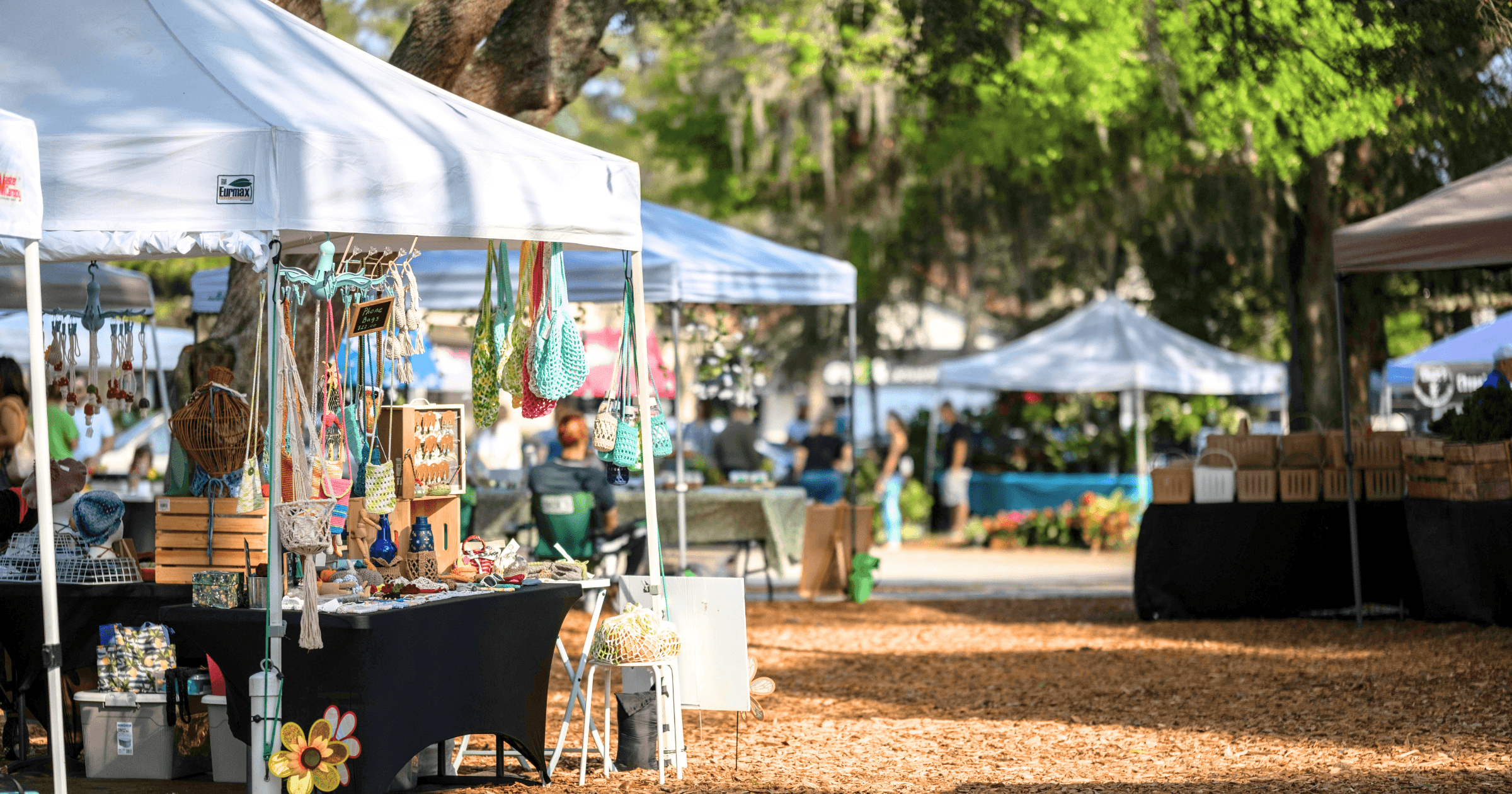 Outdoor farmers market with vendor tents and artisan products